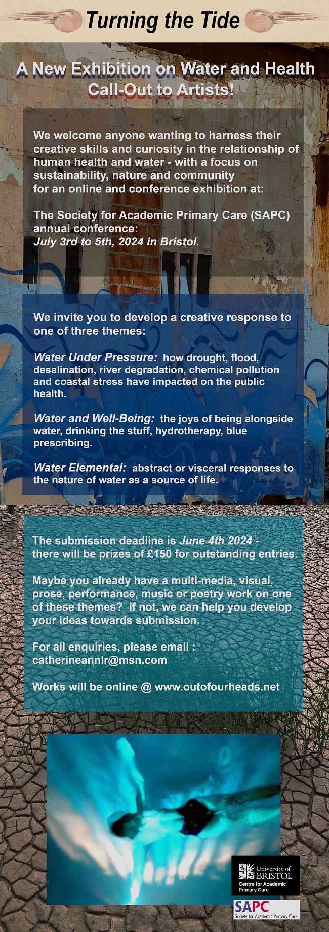 Poster with details of call for submissions to the Turning the Tide exhibition at the Society for Academic Primary Care Annual Scientific Meeting and online. Deadline 4 June 2024.